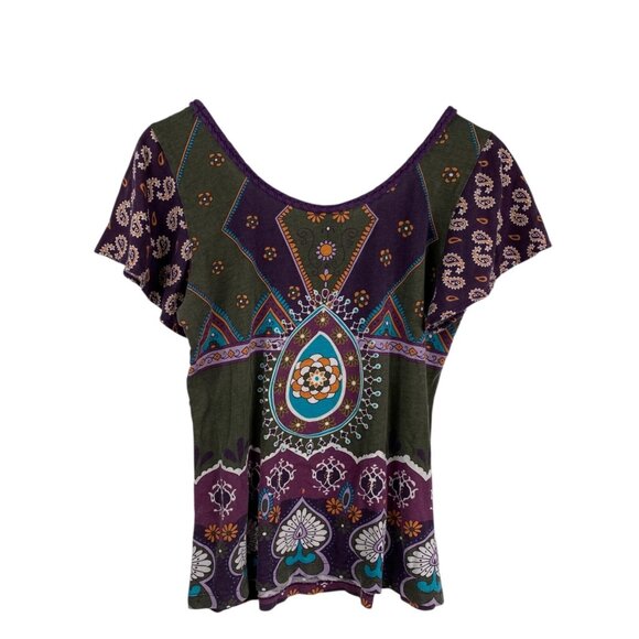 Lucky Brand Top Juniors Short Sleeves Paisley Purple Size M Boho Hippie 90's Y2K - Picture 2 of 11